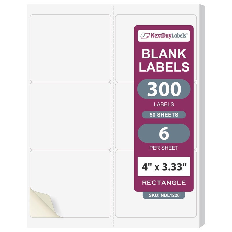 NextDayLabels â€“ 4" x 3-1/3" Rectangular Sticker Labels for Printer - White Laser/Inkjet Printer Labels Return Address Labels Shipping Label Stickers (50 Sheets, 6 Per Sheet, 300 Labels) - Image 1